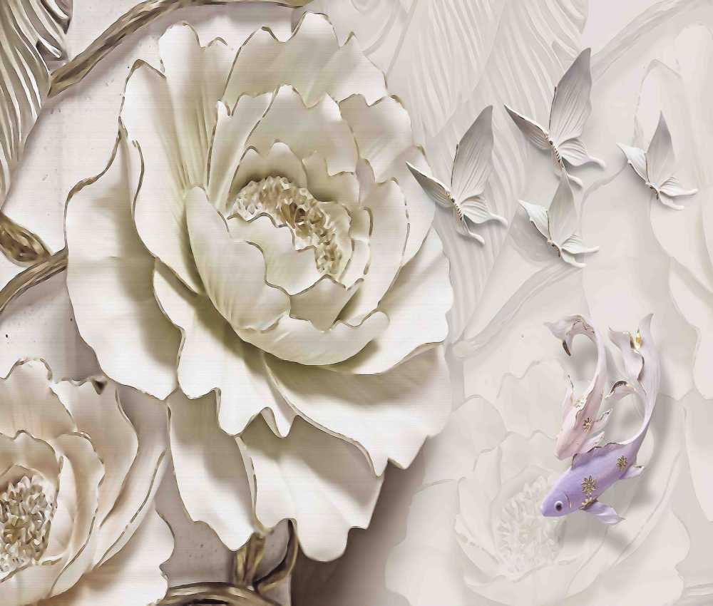 White Paper Flowers With Textured Butterfly Wall Background Design