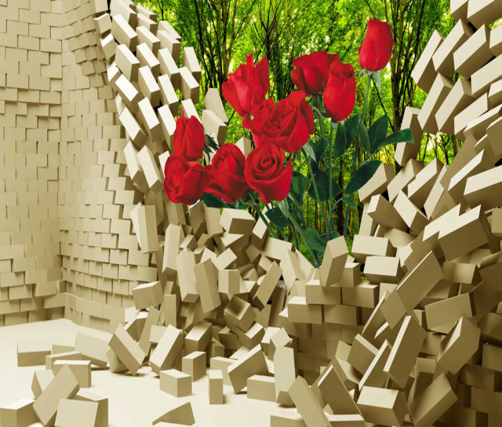 Three-Dimensional Bricks Wall with Red Realistic Rose Flowers
